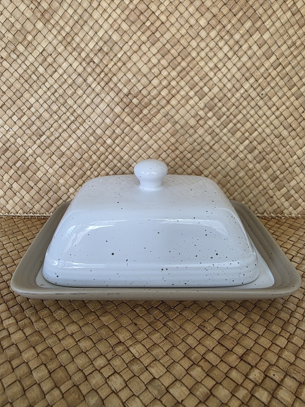 Vintage Speckled White Ceramic Butter Dish with Beige Tray